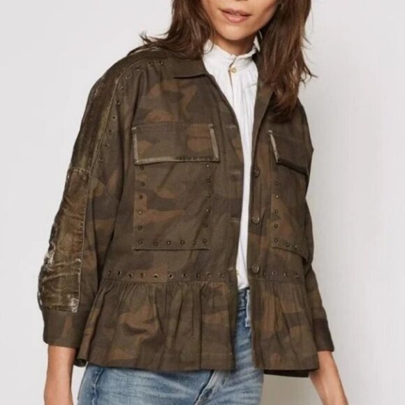 Joie Samia Camo Fatigue Ruffle Hem Peplum ¾ Sleeves Button Up Cargo Jacket Sz S - Picture 1 of 11
